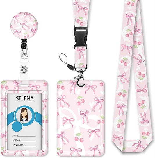 Cute Bow Lanyards for ID Badges, Badge Holder with Lanyard Detachable, Badge Reel Retractable Keychain Clip, Vertical Cruise Ship Cards Holder Protector Name Tags, Teacher Nurse Office Women Gifts
