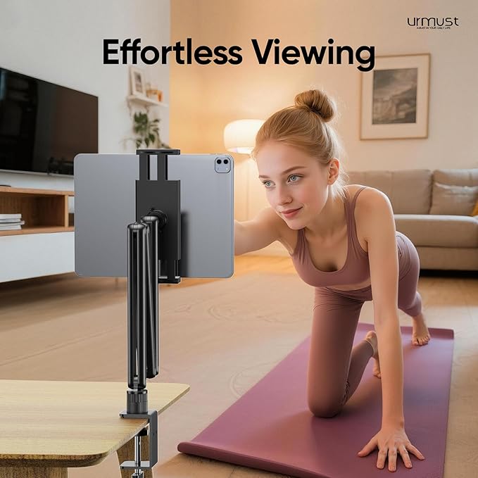 Urmust Tablet Stand for Desk, Adjustable iPad Holder Clamp Mount, 360° Rotation, Sturdy Aluminum Tablet Arm Mount for 4.7"-15.6" iPad Pro/Air/Mini, iPhone, Galaxy Tab, for Kitchen, Work, Video Call