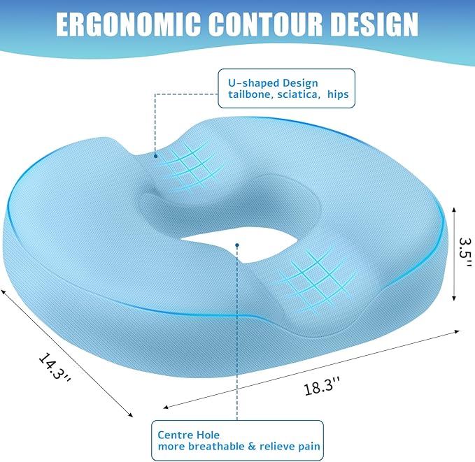 BlissTrends Donut Pillow Seat Cushion, Donut Chair Cushions for Postpartum Pregnancy & Hemorrhoids, Tailbone Pain Relief Cushion, Lifting Cushions for Office & Home Chairs (Light Blue, X-Large)