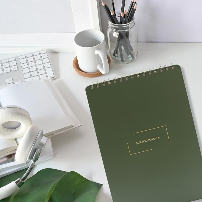Merely Home | Meeting Notebook for Work | 8.25" x 11.75" | Project Planner | Simple Design | Multiple Layouts | Office and Business Planner (Evergreen, Meeting Planner - Portrait)
