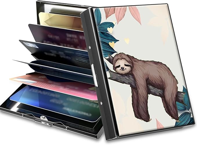 BWEGRHE Slim Credit Card Holder, Sloth RFID Blocking Metal Wallet for Men & Women, Aluminum Minimalist Hard Case Pocket-Sized Business Cards Organizer (Fits Up to 10 Cards)
