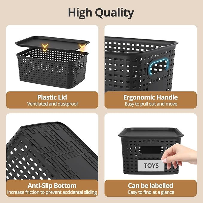 ZFTMRR Plastic Storage Basket with Lid, Stackable Small Box Bins for Organizing and Containers for Shelves Drawers Desktop Closet Playroom Pantry Classroom Office Home, 8 Pack 10.2x7.2x4.1 Inch, Black