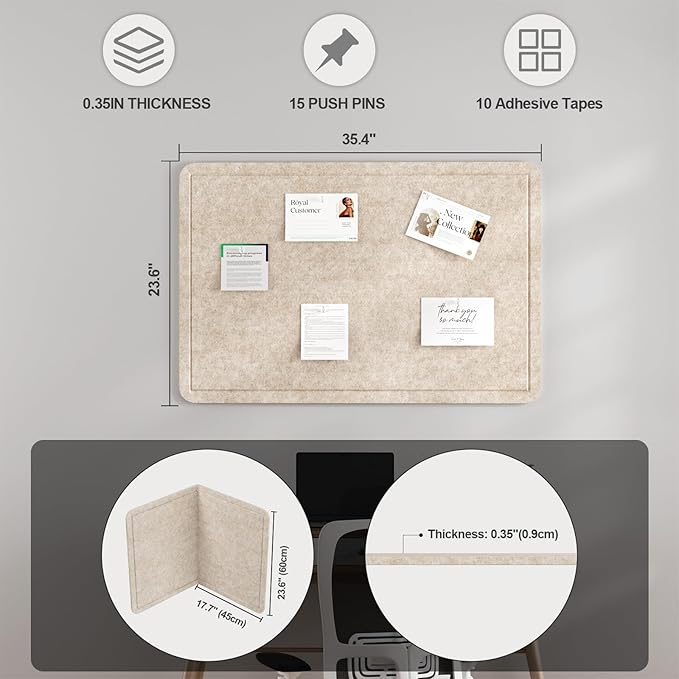 Large Felt Bulletin Board for Wall, 36"x24" Frameless Picture Board, Soft Felt Cork Board for Office, Home Planning & Office Wall Decor, Easy Install Pin Board