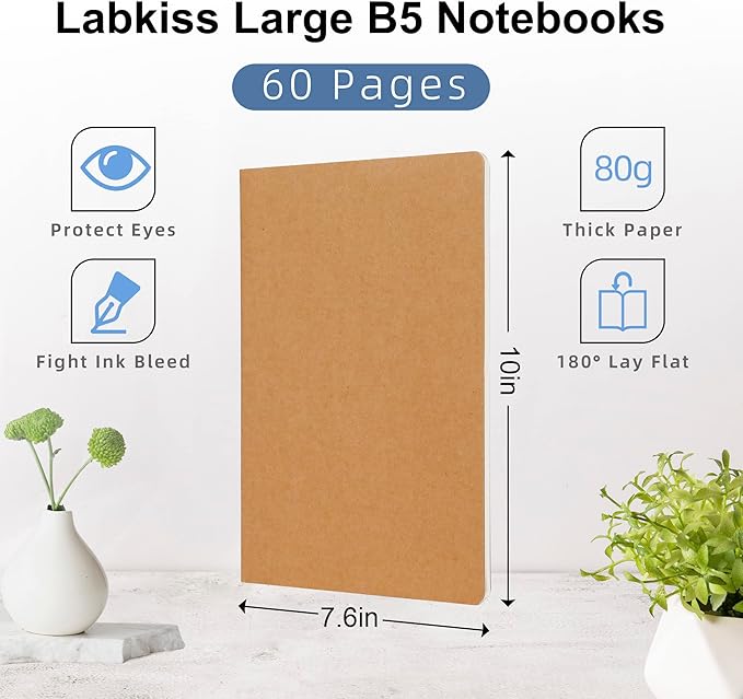 Labkiss 30 Pack Large B5 College Ruled Notebook & Journal Bulk, Kraft Cover, B5 Size, 7.6x10 inch, 60 Pages, Line Thick Paper, Subject Note Pad Planner Set for Women Men Kids Traveler Student Office