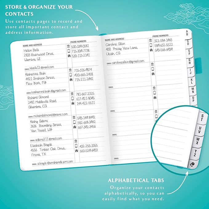 Legend Planner Address Book with Alphabetical Tabs –Telephone Contacts Book for Phone Numbers, Addresses, Passwords, Medium (Turquoise)