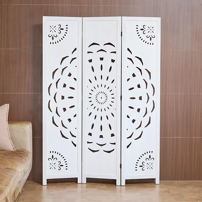 66.9Inch Wooden Room Partition - 3 Panels Boho-Styled Space Room Divider for Home/Office, Headboard & Yoga/Photo/Video Call Backdrop (White)