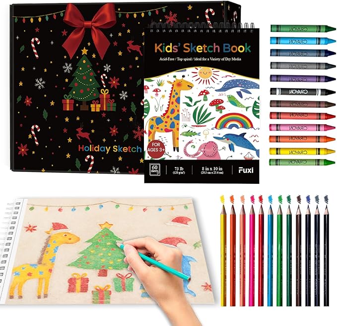 Fuxi Art Supplies for Kids 9-12, Stocking Stuffers | Art Set with 60-Sheet (73lb/120gsm) Sketch Book for Kids Ages 8-12, Jumbo Colored Pencils & Crayons | Ideal Christmas Gifts for Grandkids.