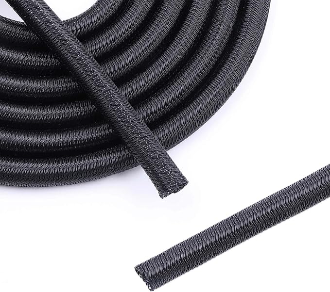 Flauzmann 3/8" Braided Cable Sleeve - 10Ft Cat Cord Protector Split Wire Loom Tubing Flexible Self Wrapping for USB, Audio, Automotive Cord, Dog Chew Proof Cable Protector - Black