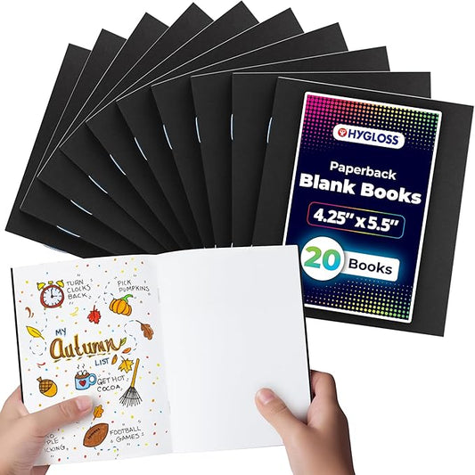 Hygloss Blank Books - Bulk 20 Pack – 4.25" x 5.5" A6 Black Paperback Blank Books for Kids to Write Stories, Doodle, Arts & Crafts – Plain Drawing Sketchbook, Unlined Journal, Notebook Without Lines