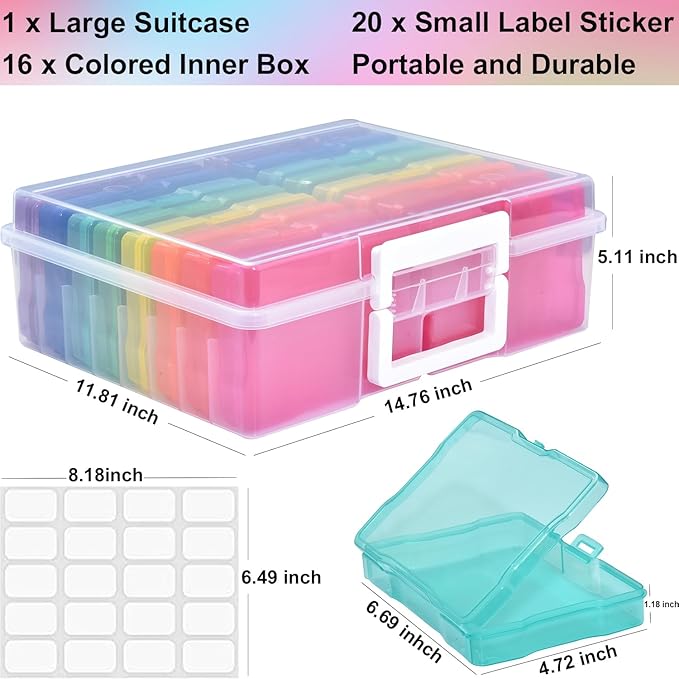 Haundry Photo Storage Box with 16 Inner 4" x 6" Photo Case, Portable Storage Organizer with Handle Craft Keeper for Picture, Stickers, Stamps, Screws, Hair Clips, Colored