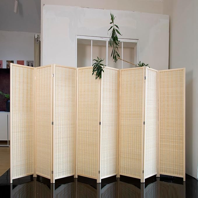 Loomveil 8 Panel Room Divider Folding Privacy Screen,67 inch Bamboo Panel Divider for Home Partition,Beige