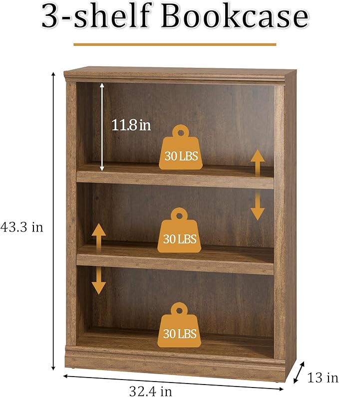 blini 3-Shelf Bookcase Wooden Bookshelves 33in Wide Floor Standing Display Storage Shelves Vintage Oak Bookcase for Home Office, Living Room, Bed Room