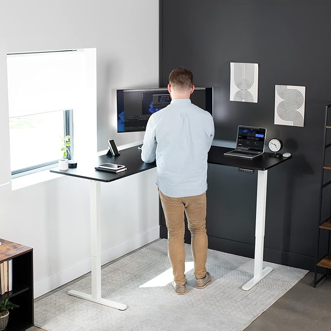 VIVO Electric Corner 63 x 55 inch L-Shaped Standing Desk, Memory Height Adjustment, Black Top White Frame, DESK-E3CTWB