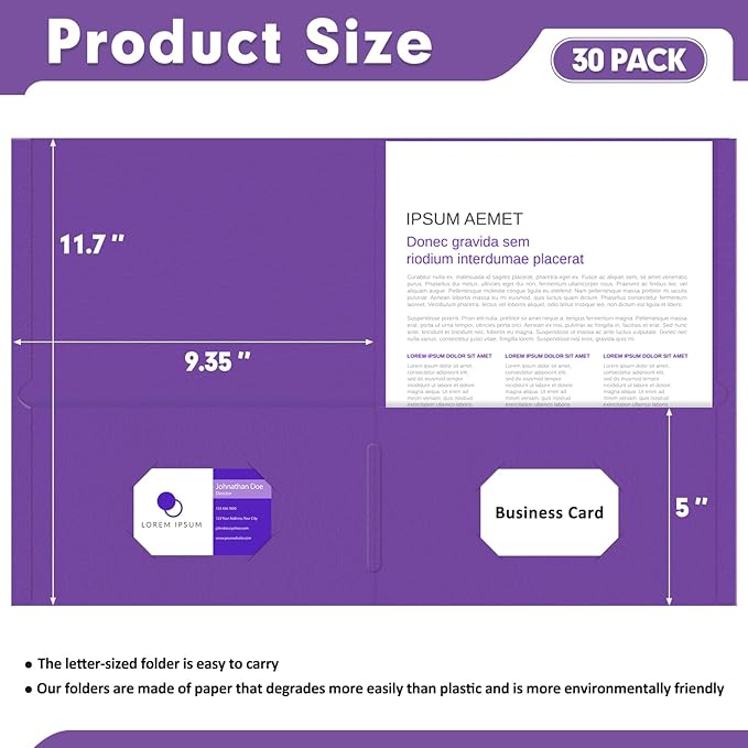Two Pocket Folders, PANDRI 30 Pack 2 Pocket Folders, Letter Size Paper File Folder for School Office Home Business, Purple