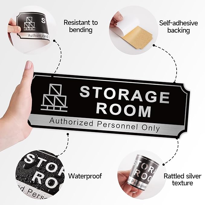 Storage Room Sign for Business Door, Self-Adhesive Durable Modern Storage Room Sticker, Brushed Silver Authorized Personnel Only Signs for Home, Business, Restaurants, Private Area