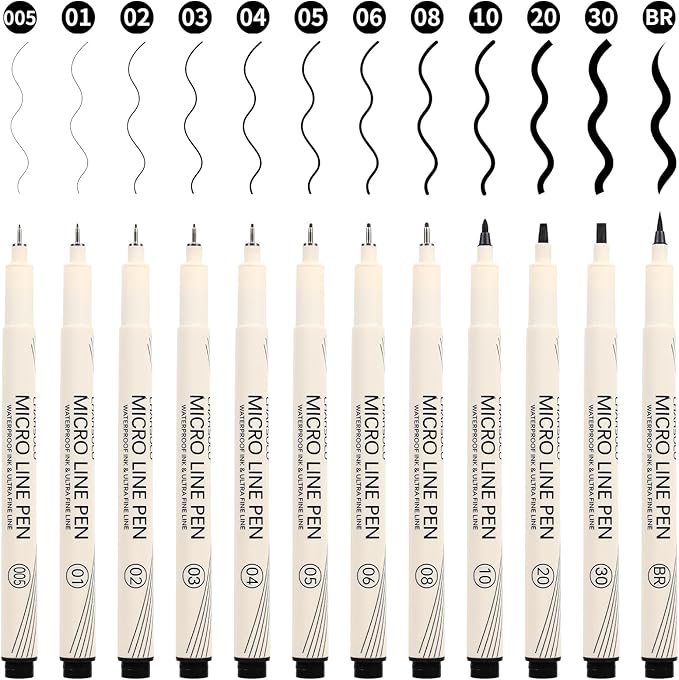CHARSOCO Black Micro Pens Set - 12 Sizes (0.23mm to 5mm), Waterproof Archival Ink, Fine Point Pens for Artists, Illustrators, Sketching, Anime, Manga & Technical Drawing