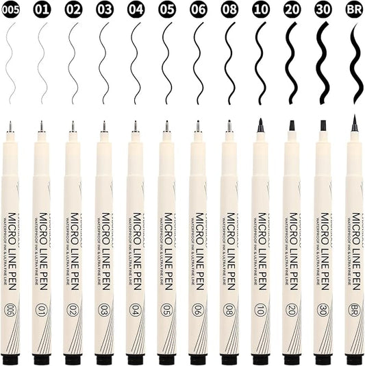 CHARSOCO Black Micro Pens Set - 12 Sizes (0.23mm to 5mm), Waterproof Archival Ink, Fine Point Pens for Artists, Illustrators, Sketching, Anime, Manga & Technical Drawing