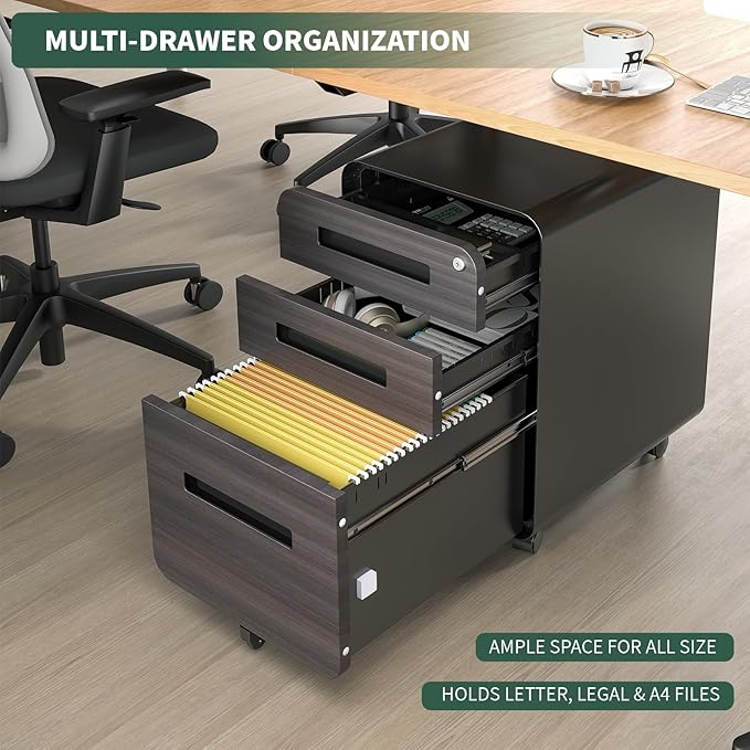 TEEALUBAN 3 Drawer Mobile File Cabinet with Lock,Rolling Under Desk Storage Organizer,Fits A4/Letter/Legal Files, Metal Frame with Wheels for Home & Office