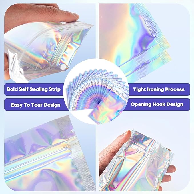 100Pcs Holographic Packaging Bags, 5.9x8.6 inch Resealable Foil Pouch Mylar Sample Bag Great for Small Business and Party