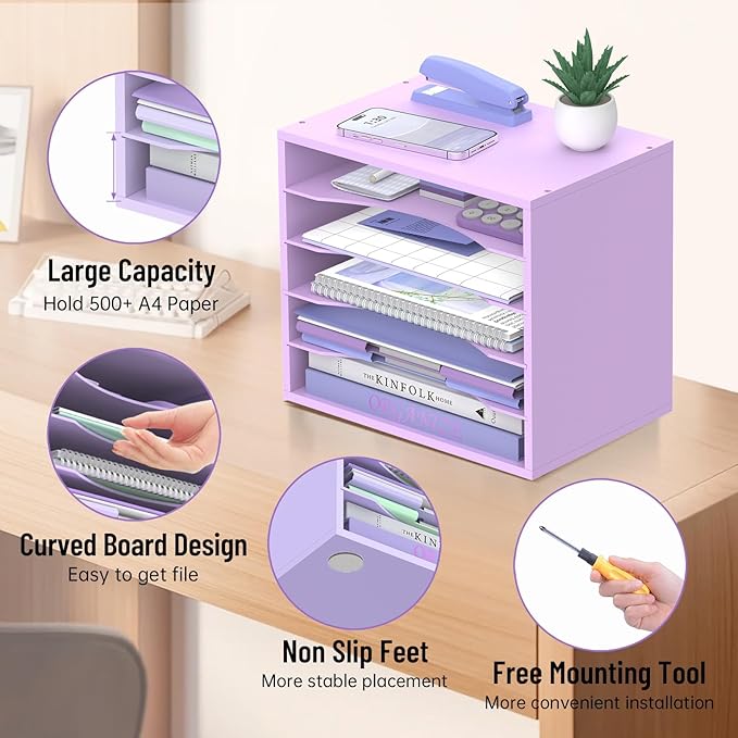 SHARKWOODS 5-Tier Wood Desk Organizer, Paper Tray Organizer for Desk with Adjustable Storage Shelves, Desktop File Organization Paper Sorter Mail Holder for Office Home Classroom, Purple
