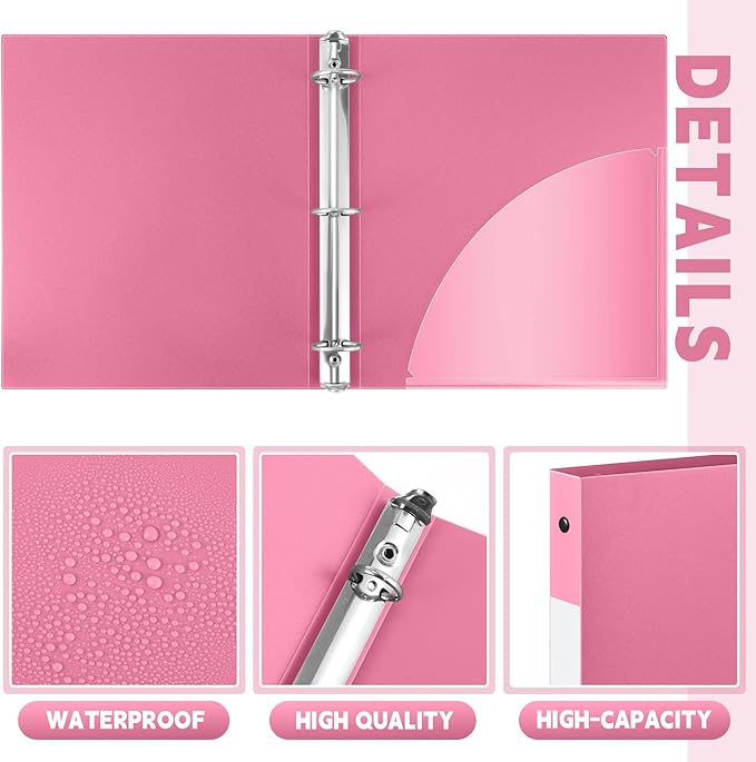Henoyso 36 Pcs 3 Ring Binder 0.5 Inch Round Fits Letter Size 8.5'' x 11'' Paper Plastic Flexible Binder Bulk Holds 140 Sheets with 1 Pockets Versatile Organizer for Home Office School (Pink)