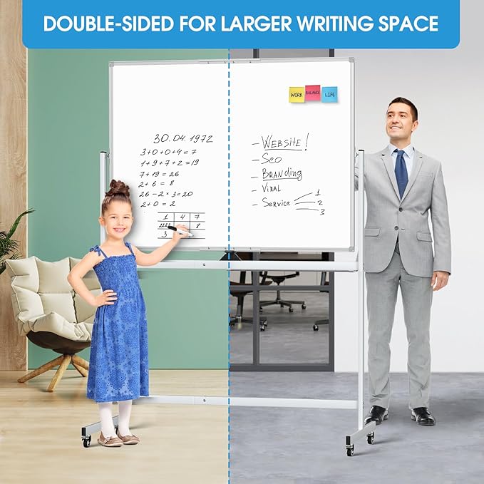 MaxGear Rolling Whiteboard on Wheels, 48" x 36" Large Magnetic Dry Erase Board with Stand, 4' x 3' Mobile Whiteboard with Aluminium Frame and Magnetic Surface for Office, School