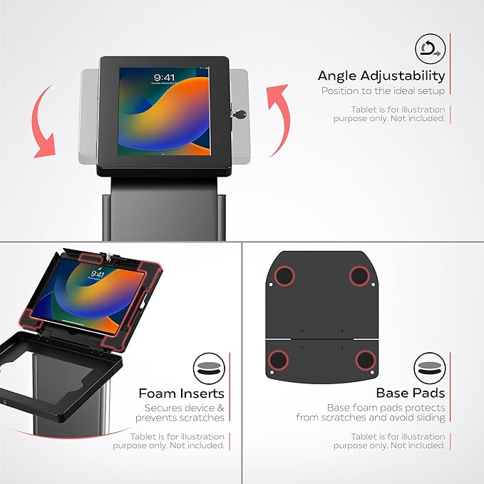 Kiosk Floor Stand with Led Lights - CTA Locking Kiosk Stand W/Led Lights Add On - for iPad 11 (A16) - Pro 11-inch M4 - Air 11-inch M3- iPad 10th Gen - Galaxy Tab & More Tablet - Black (PAD-LEDPARAF)