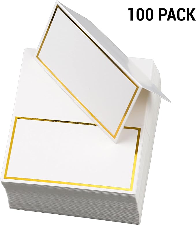 100 Pack Place Cards for Table Setting Small Paper Tent Cards with Gold Foil Border Event Table Cards for Restaurant Wedding Party Banquet Thanksgiving Birthday Celebration