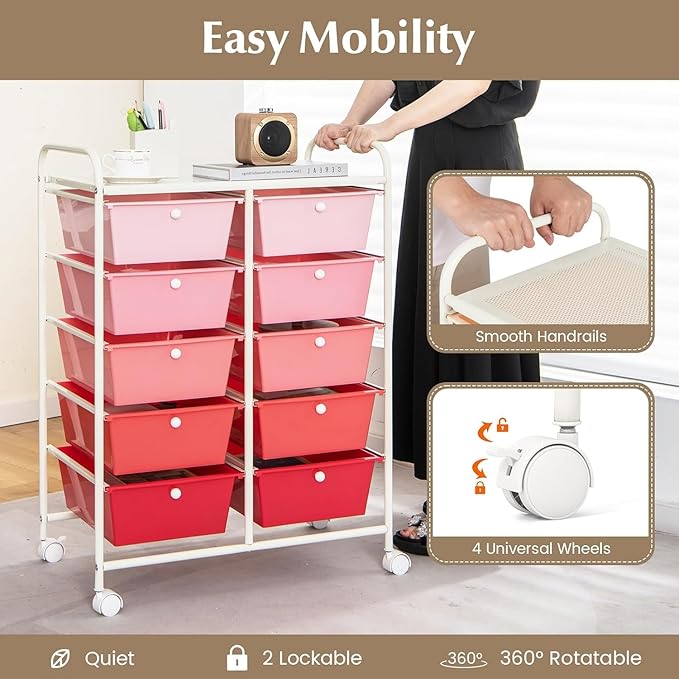 LDAILY 10 Drawer Rolling Cart, Storage Cart Organizer on Wheels, Drawer Cart with Metal Frame & Large Storage Capacity, Rolling Cart with Drawers for Living Room Classroom, Office