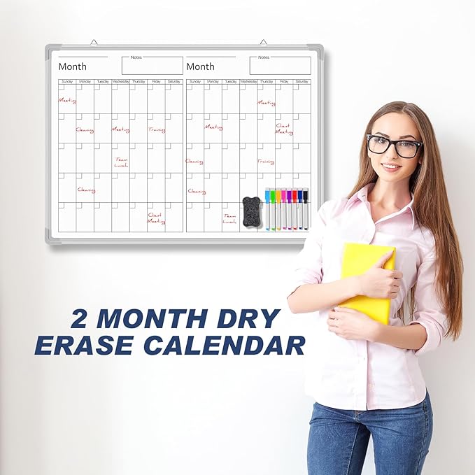 Lincia 36" x 12" Magnetic Horizontal 2 Month Dry Erase Calendar for Wall Undated Horizontal Dry Erase Wall Calendar Planner Aluminum Frame Whiteboard Calendar for Home Office Projects Wall Fridge