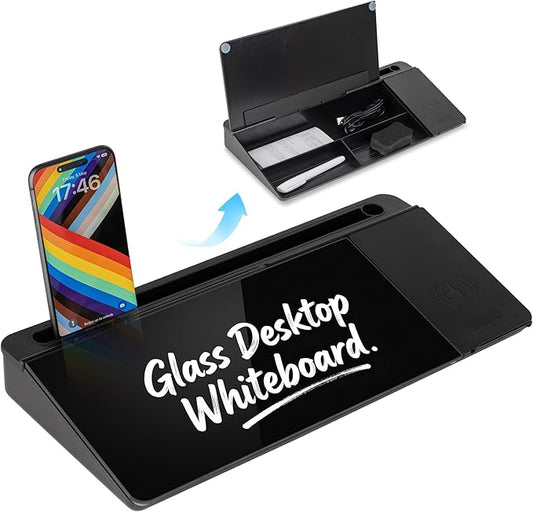 Glass Desktop Whiteboard with Wireless Charger & Storage, Desk Dry Erase Note Memo Board, Compact Desk Organizer for Desk, Office, School Supplies, Black, 2026