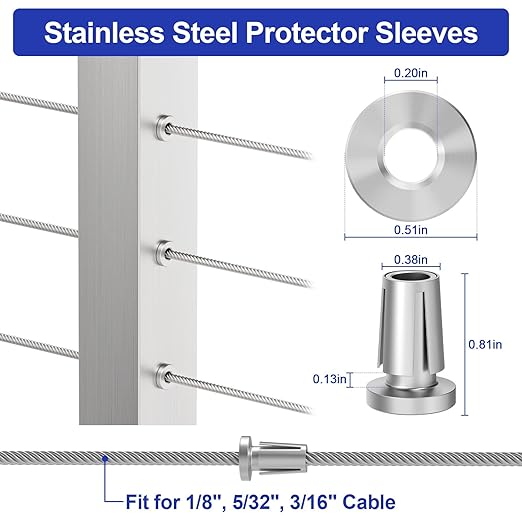 BLIKA Upgraded 20 Pack Stainless Steel Protector Sleeves for 1/8" 5/32" or 3/16" Deck Cable Railing, for Metal Posts, T316 Marine Grade, Cable Railing Protector Sleeves