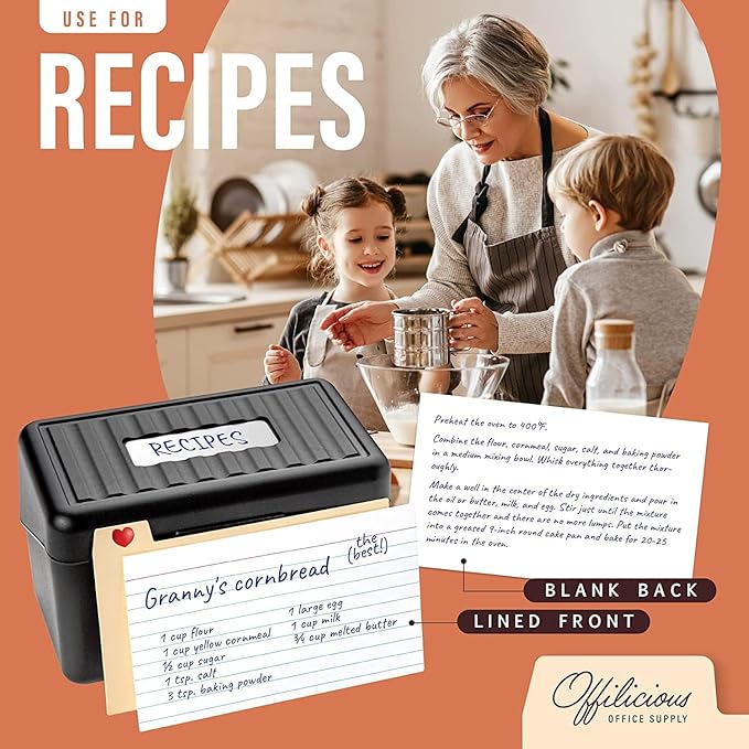 OFFILICIOUS Business Card Organizer 3x5 - Premium Index Card Holder Box for Flashcards, Notecards, Recipes - Recipe Box with Cards & Dividers, Labels, Stickers