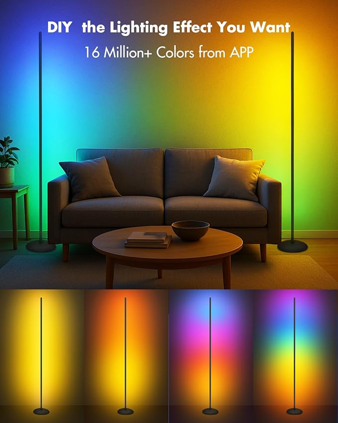 Vexinat Corner Floor Lamp - 2 Pack LED Corner Lamp with App/Remote/Button Control, Smart LED Floor Lamp with Music Sync and 16 Million Colors, Color Changing Standing Lamp for Living Room, Bedroom