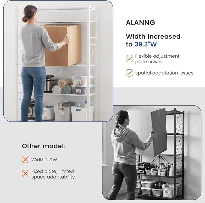 ALANNG 40" W Foldable 5-Tier Storage Shelves with Wheels, Adjustable & Removable Metal Rack, Heavy Duty Rolling Organizer for Kitchen, Garage, Closet, Pantry, and Office (White,4 Pack)