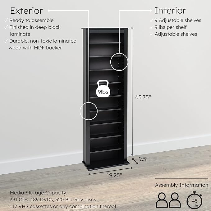 Prepac Narrow Cabinet Media Storage, Slim Barrister Tower, Black