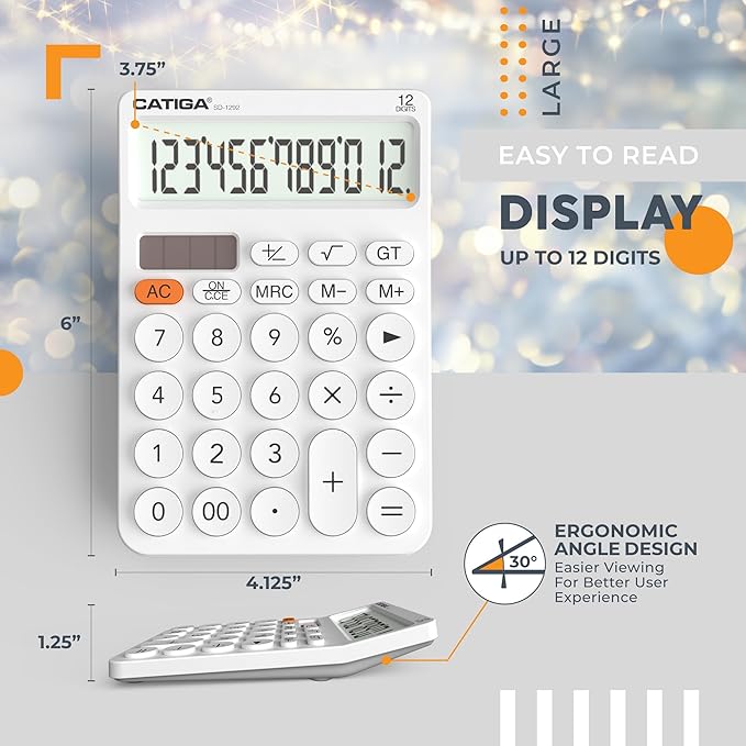 CATIGA 12 Digit Desktop Calculator Basic Desk Calculator with Large LCD Display, Big Buttons, 4 Function, Solar and Battery Dual Power, for Office, School, Home, SD-1292 White
