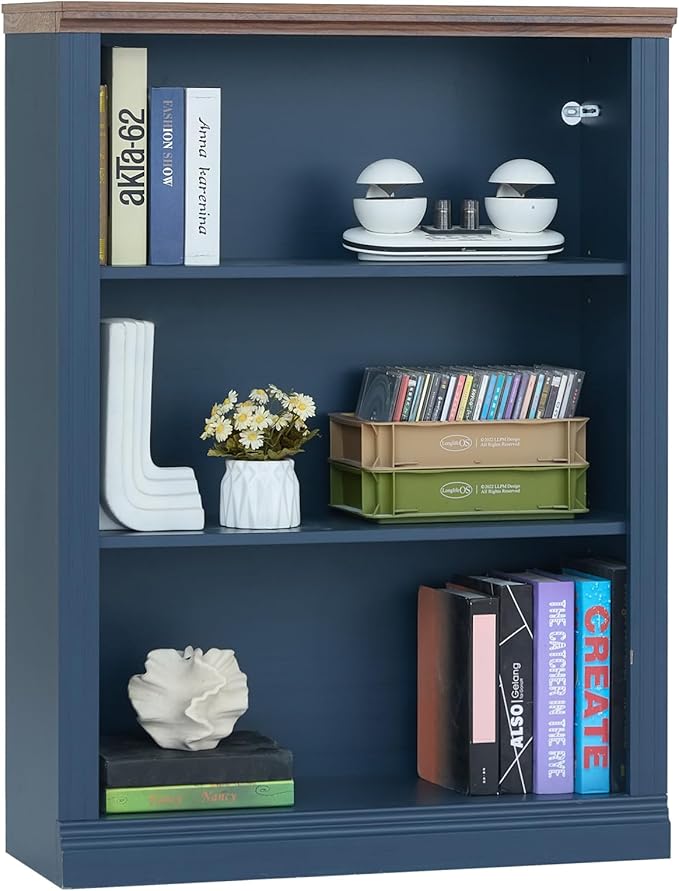 RWYHG 43" Blue Tall Bookshelf,3-Tier Thick Wooden Book Shelf with Adjustable Shelves,Free Standing Farmhouse Bookcase with Open Display Storage,Floor Vintage Bookshelves for Living Room,Office