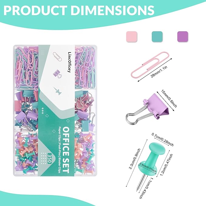 LincOficey 350pcs Paper Clips Binder Clips and Push Pins Set, Small Clips Office Supplies in Compartments Container for Multipurpose Document Organization (Pastel)