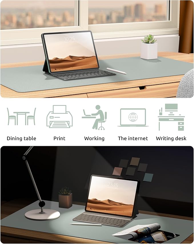 YSAGi Leather Desk Protector, Office Mat, Large Mouse Mat, Non-Slip PU Leather Blotter, Laptop Pad, Waterproof Writing Pad for Office and Home (Grayish Green, 35.4" x 17")