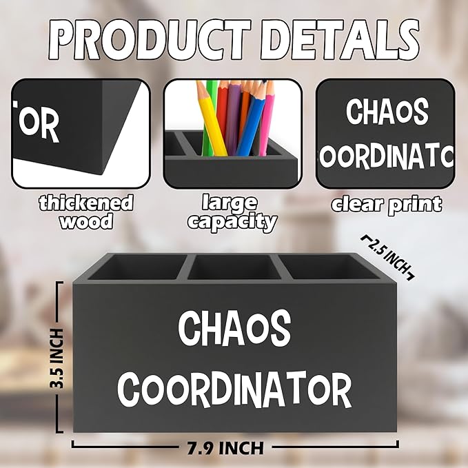 XPH Chaos Coordinator Black Pen Pencil Holder Organizer for Desk, Thank You Gifts for Women Men Coworkers Boss Leader Manager, Appreciation Gifts Wooden Box Sign for Office Tabletop Decorations