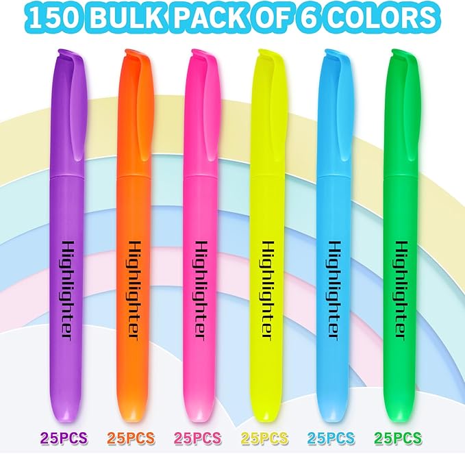 YEGEER Highlighters, Chisel Tip Dry-Quickly Highlighter Markers, 150 Count-6 Assorted Colors Highlighters Bulk Pack for Adult Kids, Office Classroom Must Have, School Supplies for Teachers