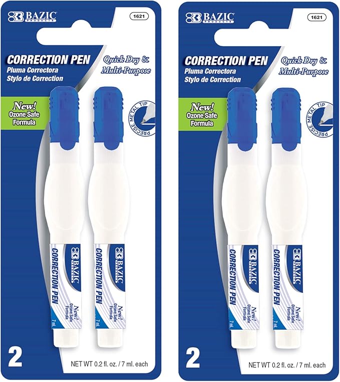 BAZIC Products Correction Pen - Corrections Fluid, Precise Metal Tip White Out, Ideal for School & Office Supplies, Alternative to Correction Solution, 2/Pack, 2-Packs