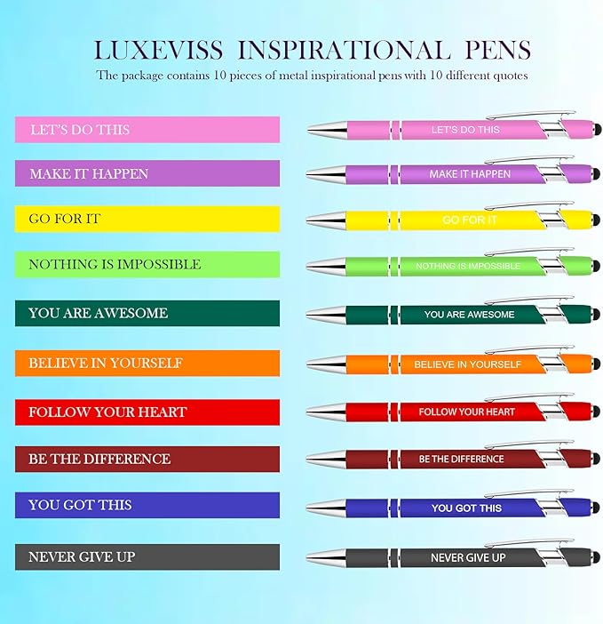 Luxeviss 10 Pcs Inspirational Pens Bulk - Motivational Ink Ballpoint Pen with Quotes Stylus Tip Nurse Gifts for School Coworkers Office Supplies Black Ink