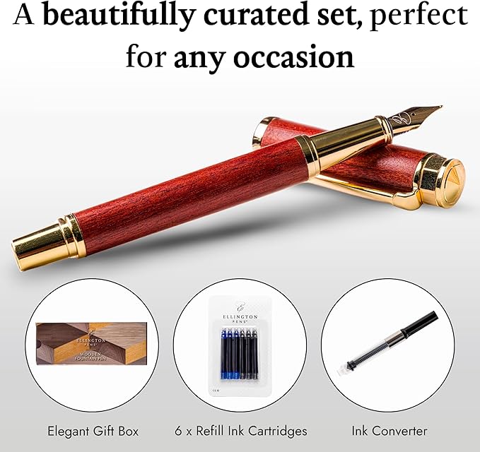 Ellington Pens Luxury Wood Fountain Pen Set – Extra Fine Nib - Includes Wooden Pen Gift Box, Ink Converter, 6 Ink Cartridges – Wood Pen For Writing, Calligraphy, Journaling, Drawing (Rosewood)