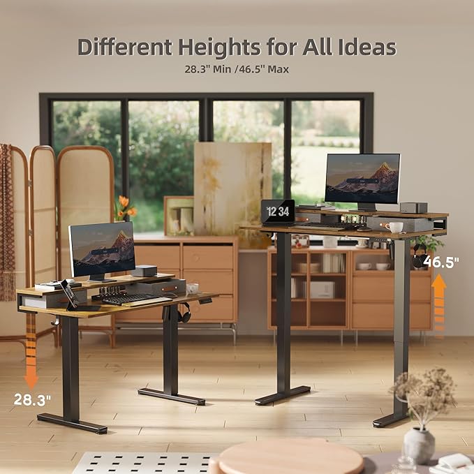 Claiks Electric Standing Desk with 2 Drawers, Adjustable Standing Desks with Storage, Height Adjustable Stand up Desk for Home Office with 2 Hooks,55 Inch Ruist Brown