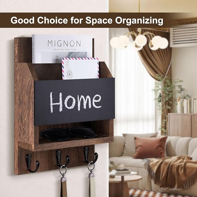 Lucundm Key and Mail Holder for Wall, Key Holder with Chalkboard and Long Storage Box, Key Hanger with 3 Sturdy Hooks for Coat, Dog Leash, Entryway Mail Organizer (Brown)