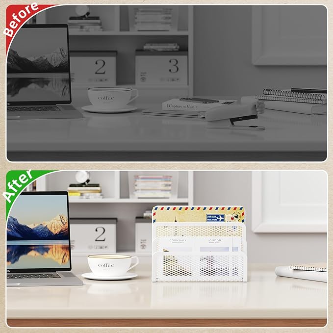 Marbrasse Mail Organizer for Desk, 3-Slot Mesh Metal Mail Holder countertop, Letter Holder, Office Desktop Envelope and Document Storage Rack (White)
