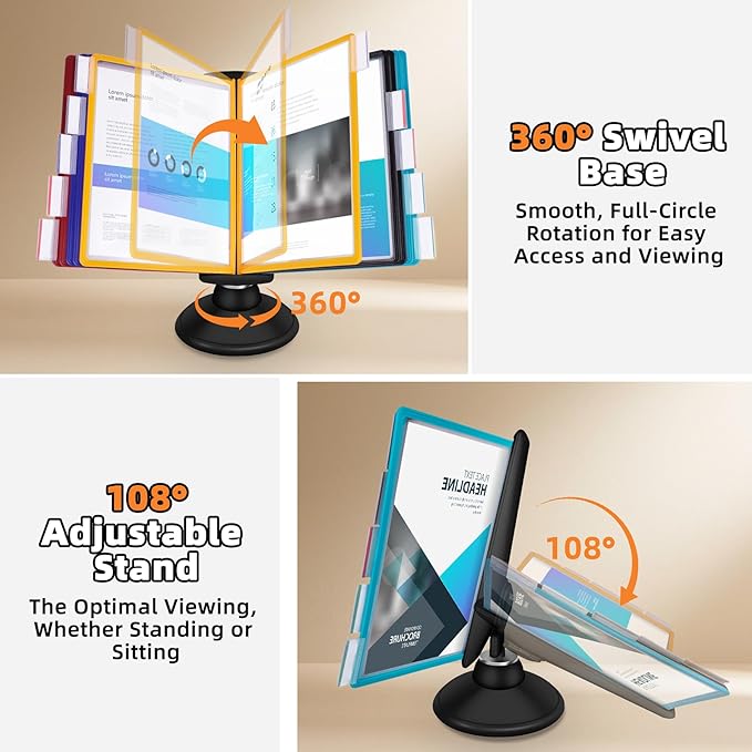 Antner 10-Pocket Desktop Reference & Display System with 360° Adjustable Base, Fast Flip & Find Desk Reference Organizer, A4/Letter Size 10 Double-Sided Panels with 5-Color Borders & Index Tabs, Black