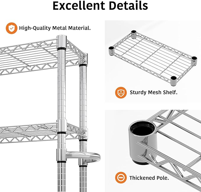 Metal Storage Shelves 5 Tier with Wheels, 1100 LBS Adjustable Wire Shelving Rack Shelves Units with Side Handle for Hanging, Rolling Shelf Organizer for Kitchen Garage, 11.8" W x 23.6" D x 61"H,Silver